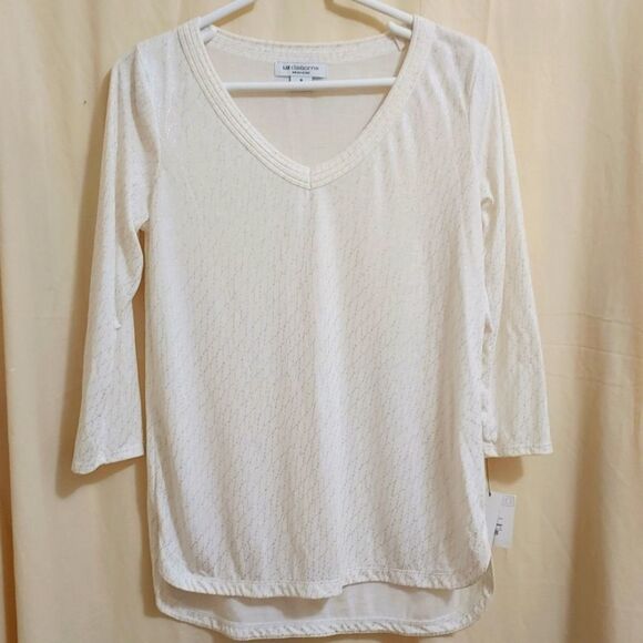 Liz Claiborne Women's Size Small White/Silver Hi-Lo Blouse - Picture 2 of 7